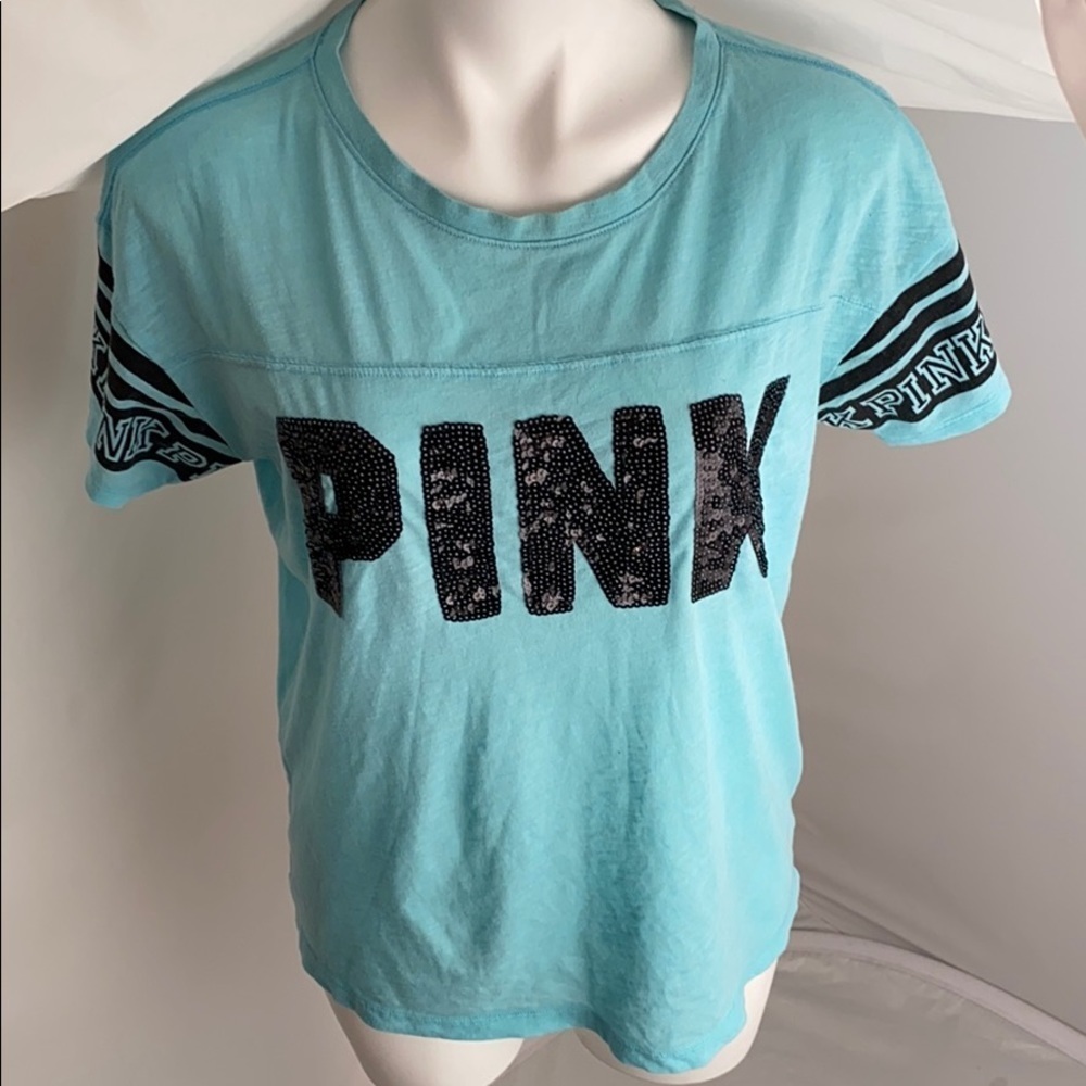 Victoria’s Secret aqua and black sequin logo short sleeve t-shirt S